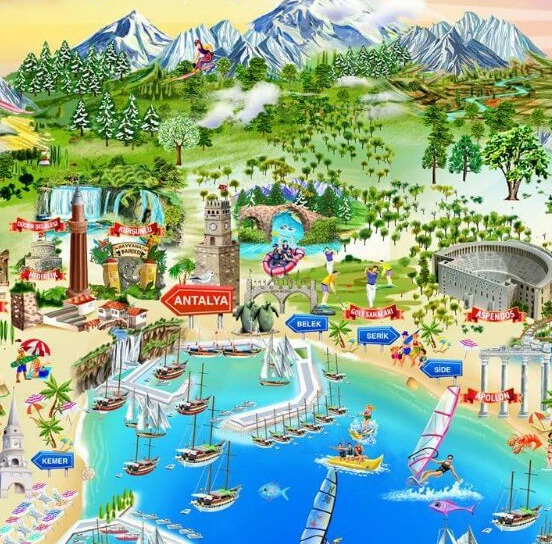 Illustrated map of Antalya and its main tourism destinations