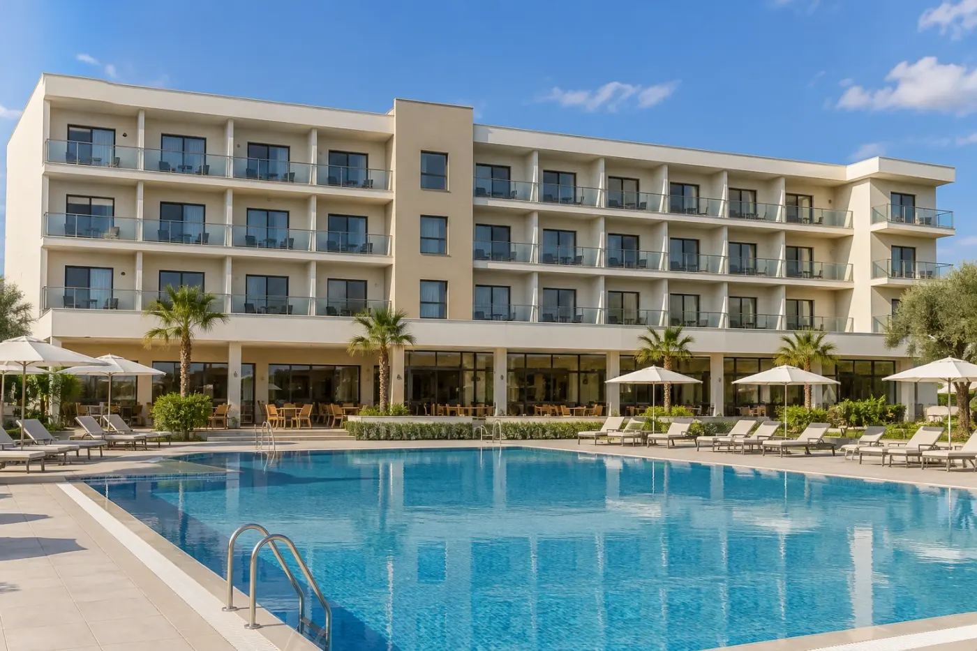 Side Hotel building and large outdoor pool