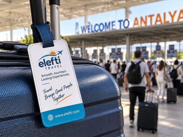 Elefti Travel luggage tag at Antalya Airport